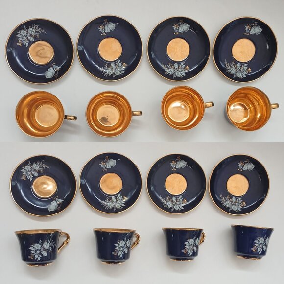 VTG Cobalt Blue Gold Interior Fine Porcelain Favolina 4 Cups & Saucers Poland - Picture 10 of 16